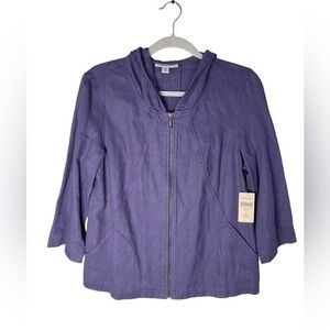 Purple Hooded Linen Jacket 3/4 sleeve Zip-up